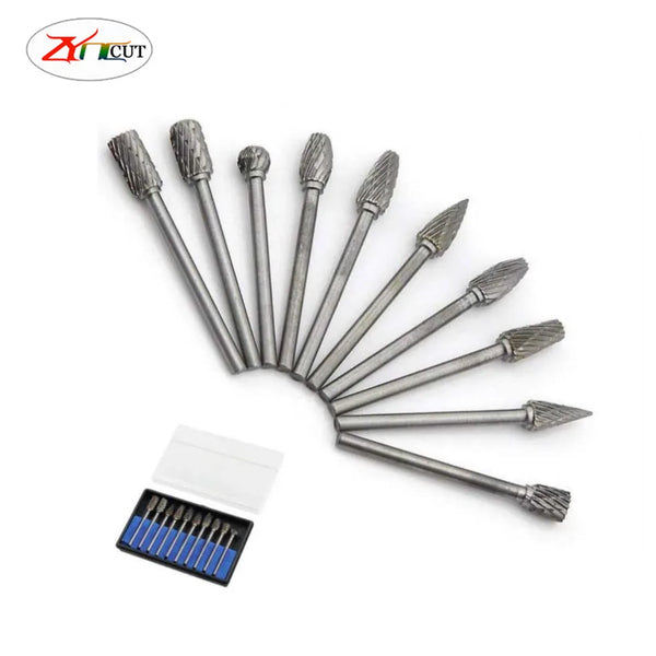 10pcs set handle 3mm Edge 6mm Carbide rotary file tungsten steel grinding head alloy metal wood mold carving milling cutter